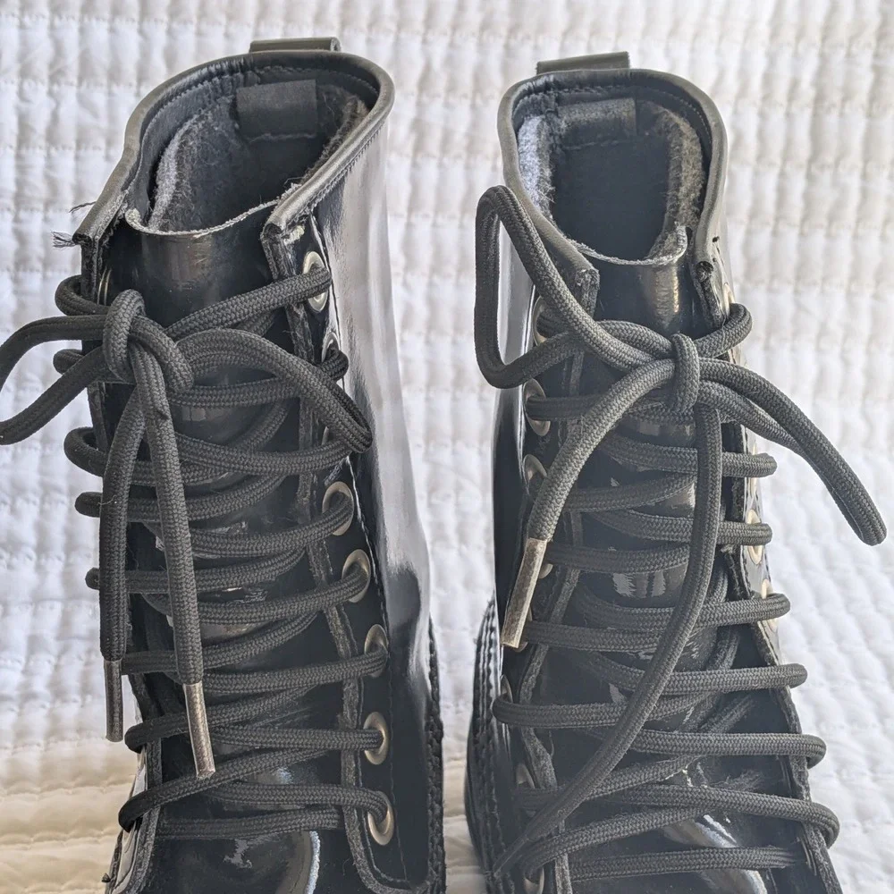 Sorel Dahlia Waterproof Patent Leather Mid Calf‎ Lace Up Snow Boots Black US 9